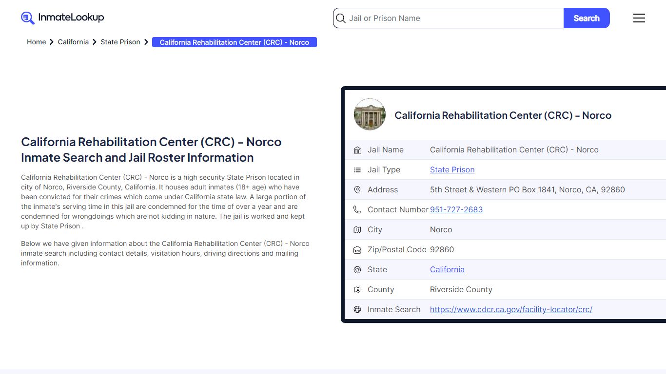 California Rehabilitation Center (CRC) - Norco Inmate Search, Jail ...